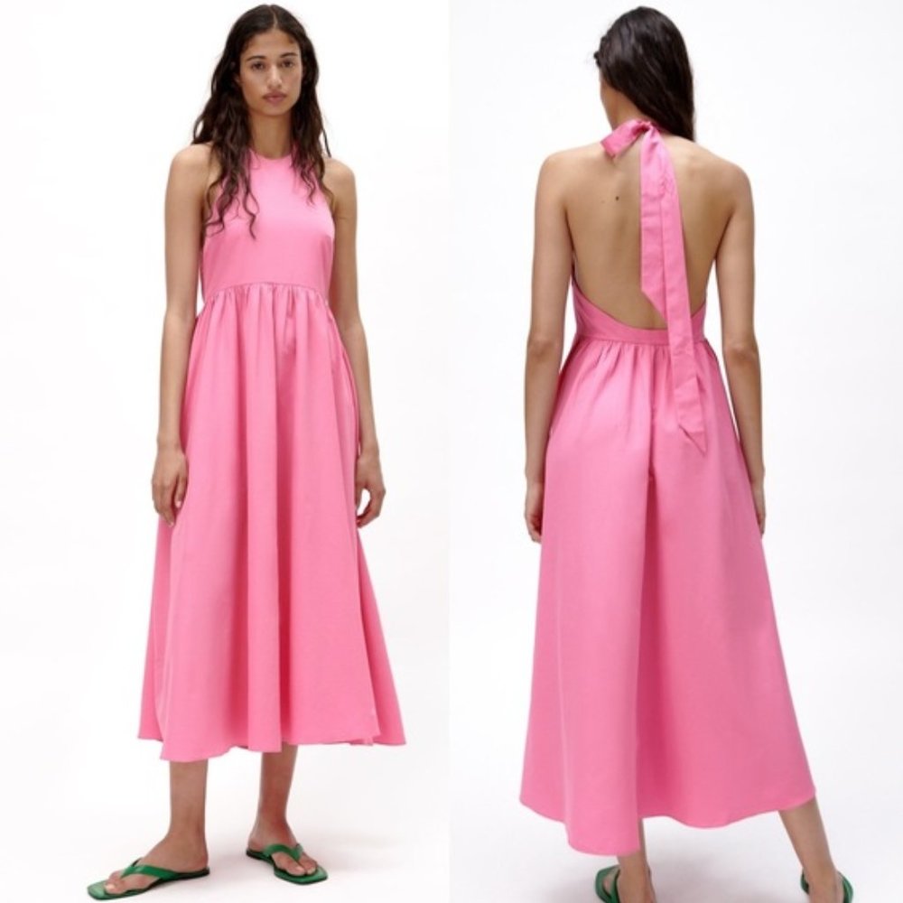 NWT ZARA PINK POPLIN HALTER NECK MIDI / MAXI DRESS LARGE